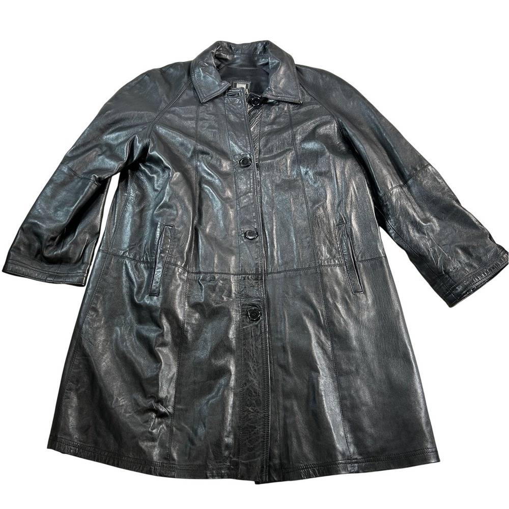Vera Pelle Black Italian Leather Trench Coat Made in Italy Size 46 Vintage 90s